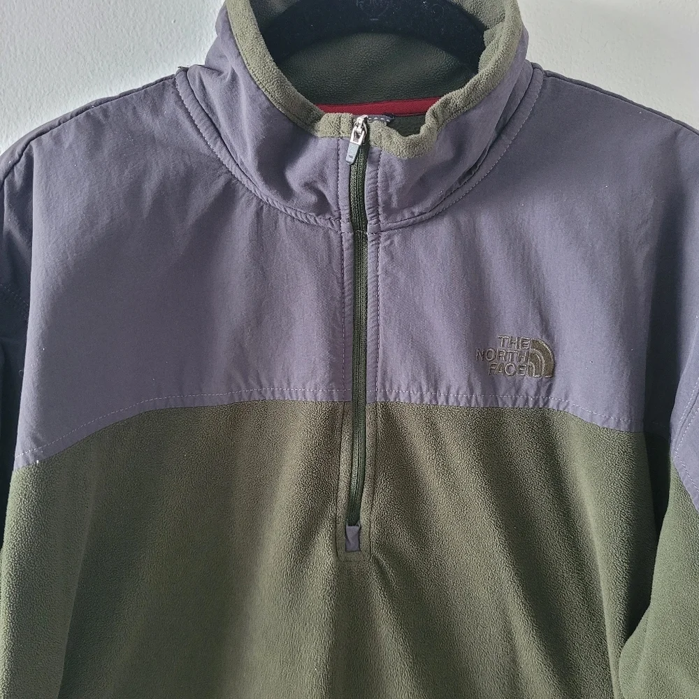 North Face Mens Large Quarter Zip Fleece Green Gray 2 Tone Sleeve Pocket Missing